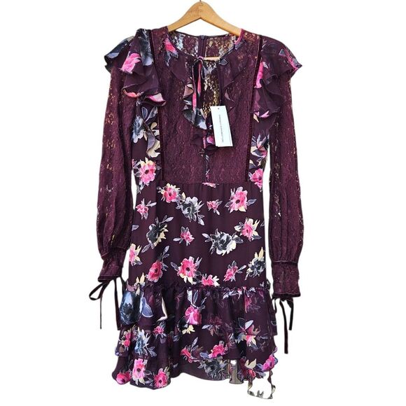 French Connection Dresses & Skirts - FRENCH CONNECTION Floral Lace Ruffle Tiered Mini Dress Burgundy Whimsygoth Sz 6